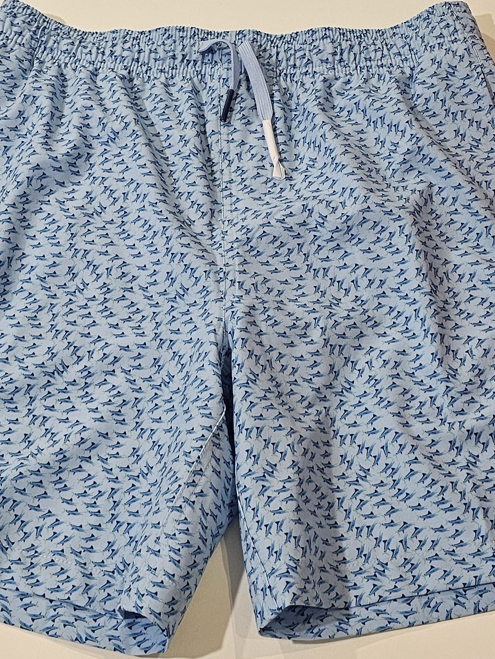 Southern Tide Light Blue Swim Trunks with Navy Fish Print